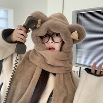 Small Bear-Bear-hat scarf for winter warmth and cute plush anti-chill and ear bike with three sets of gloves around the neck