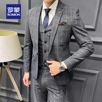 Romon plaid suit male gentleman Korean version of self-cultivation business dress young groom wedding best man dress three-piece set