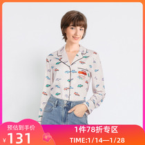 LILY new womens retro INS pajamas style print embroidery lapel cardigan shirt