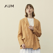 AUM Omchun's new loose long-sleeved yellow striped temperament folded little suit ladies coat