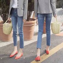 South Korea 2021 spring and summer new high waist nine-point jeans women light blue thin elastic grinding hole eight straight straight pants