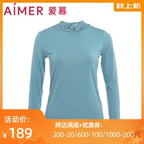 Aimu autumn and winter new warm silk Lady thick color RAM small collar long sleeve lace warm top AM722133