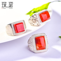 Baoshan South red Agate ring mens domineering living mouth ring one thing one figure 925 silver pigeon blood red square ring face