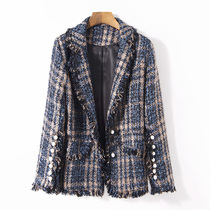 Blue suit atmospheric thickened autumn and winter tassel tweed waist temperament lapel plaid small fragrance coat female