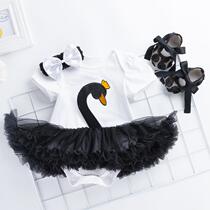 2019 spring and summer new female baby swan short sleeve dress shoes three-piece set childrens clothing factory direct