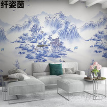 Chinese TV background wall wallpaper blue and white porcelain landscape murals bedroom living room wallpaper film and television Wall decorative wall cloth 3d