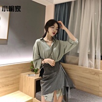 Set womens summer clothes New Korean students female social leisure long sleeve shirt high waist irregular skirt