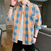 Short-sleeved shirt mens summer loose casual plaid seven-point Korean trend five-point half-sleeve shirt dress mid-sleeve jacket