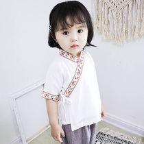 Childrens Hanfu boys and girls short-sleeved lace thin section improved performance clothing daily summer cotton and linen embroidered top