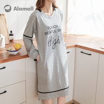 Nightgown women spring and autumn cotton long sleeves student medium long style pajamas loose autumn and winter fat sister plus size long skirt homewear