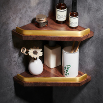 Walnut bathroom rack creative solid wood grain bathroom corner rack brushed gold double-layer triangle blue free punching