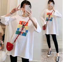 2020 plus fat plus size pregnant women spring dress belly set long sleeve T-shirt fashion long loose top 200 Jin