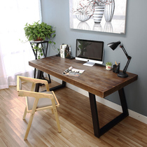 loft retro wrought iron solid wood desk Simple computer desk and chair combination desk Writing desk Office desk Work desk