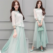 Hanfu type high waist set two-piece summer seven-point sleeve pure color fresh fashion embroidery set dress