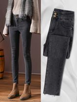 Velvet high-waisted jeans womens autumn and winter 2021 new slim thin feet tight stretch thickened trousers