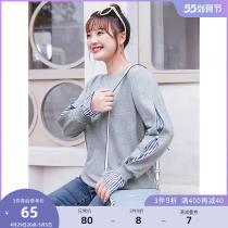 (Qingkura RMB80 ) Large code Female dress Fat Sister Spring Clothing Fake two spliced Collision Color Striped Loose Sweatshirt