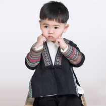 Boys coat spring and autumn childrens clothing baby girl embroidered buckle cardigan linen Hanfu top minority style