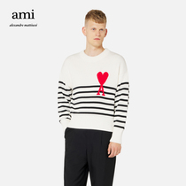 The AMI mens and womens classic love wool-blend embroidered stripes are casual and simple crewneck sweater