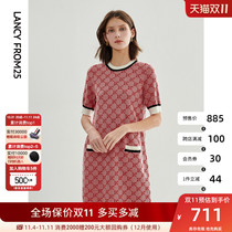 Luncheon New French Lightweight Loose Thin Jacquard Check Short Sleeve Wool Knit Dress