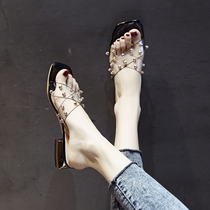 ins tide net red half slippers female outside wearing 2022 summer new Korean version coarse heel sandal female dermis tug