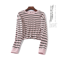 2024 2019 new autumn womens striped round neck long-sleeved t-shirt womens knitted all-match base short top tide