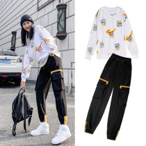 Winter sweater womens 2020 autumn and winter new casual overalls student Korean version loose printed top fashion suit