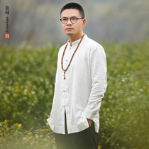 Chinese original cotton and hemp stand-up collar mens disc buckle long-sleeved shirt spring casual shirt vintage ethnic style mens clothing