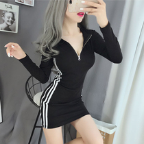 2020 spring and autumn new sexy low collar zipper fashion high waist thin tight bag hip black long-sleeved dress women