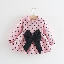 Q156 Fall New Pint Girl Long Sleeve Dress Princess Dress Princess Skirt Waist Butterfly Knot Round Point Skirt