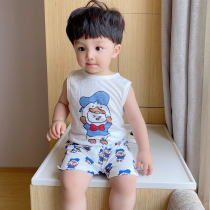 Boys vest shorts Summer cartoon female baby pajamas Sleeveless suspenders thin childrens home clothes two-piece suit