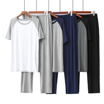 Mens Modale sleepwear spring summer thin section short sleeve long pants round neckline jacket head casual home Suits Suit