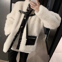 Cream white collar lamb plush contrast coat female 2020 winter plush padded fur one coat