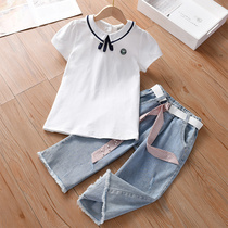 Girl Shorts Suit Summer 2022 New Slim Fit Short Sleeve Denim Seven-minute Pants Children Womens Summer Dress Two Sets Foreign Air