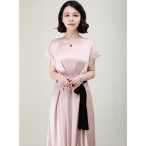 NZ Japan imported triacetate high gram heavy double satin style small crowdHerbenwind nude pink one-piece dress woman long dress