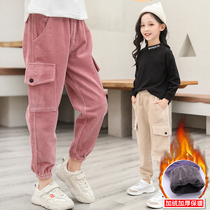 Childrens corduroy pants plus velvet thickened middle-aged children wearing foreign-made loose girls cotton pants autumn and winter