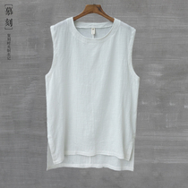 Cotton and linen sleeveless vest large size undershirt mens Chinese style loose thin section round neck T-shirt waistband Chinese linen short sleeve