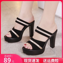 2021 summer New wear high heel fashion Sandals leather thick bottom waterproof table coarse heel fish mouth large size female sandals slippers