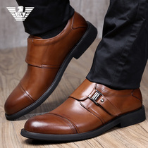 Italian casual leather shoes mens autumn breathable leather formal business buckle British round head wear-resistant low-top driving shoes