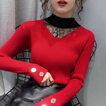 Lace Splicing Semi-High Collar Sweater Lady Autumn Winter Ocean Qi with a thin-knit sweatshirt button to fix the bottom blouse