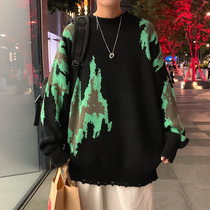 Tie-dyed sweater mens spring and autumn trend ins trendy knitwear loose Korean retro lazy wind jacket