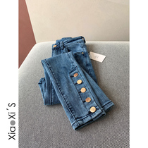 Xiao Xijia) nine-point little leggings womens high waist thin stretch denim tights foreign style retro button pencil pants