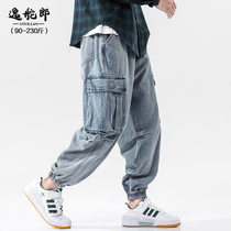 Japanese big pocket tooling jeans men trendy brand size loose straight tube ankle-length pants fat Korean trend pants