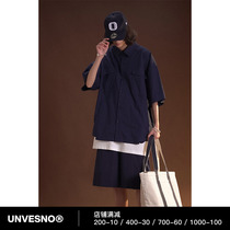 Unvesno (UN) late summer misfit shirt solid color lapel loose retro unisex short sleeves simple