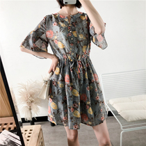 Floral Chiffon Dress Long Fairy Summer Loose Slim Flam Flam Sleeve Ruffle hipster Skirt