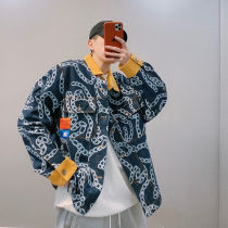 2021 new spring State Chaoge High Street handsome gas ring chain printed collage overalls denim jacket jacket male and female