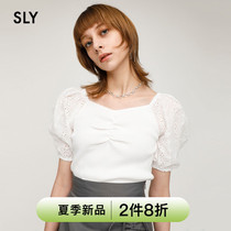 SLY 2022 Summer New Bubble Cuff Hollowed-out Sleeves Splicing Knit T-shirt Shirt Woman 030FSA70-5840