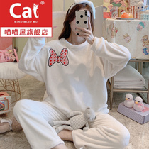 Autumn and winter coral velvet pajamas women 2021 New plus velvet padded Mickey bow Net red explosive home clothes