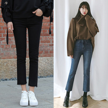  Plus velvet denim nine-point pants female outer wear winter loose straight wide leg micro trumpet high waist eight-point small man 2019