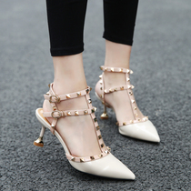 High heel sandal sandals women 2022 new summer rivets pointed shoes Sexy T type buckle cat with Baotou fine heel shoes