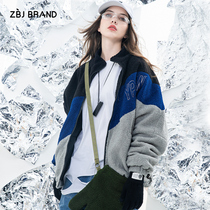 ZBJ splicing lamb wool national tide color cardigan sweater jacket for men and women couples loose Lamb hair jacket